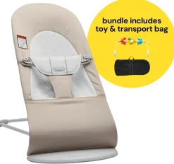 BabyBjorn Bouncer + Flying Friends Toy Bar + Transport Bag Bundle - Balance Soft, Cotton / Jersey Beige / Grey