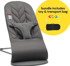 BabyBjorn Bouncer + Flying Friends Toy Bar + Transport Bag Bundle - Bliss, Petal Quilt Cotton Anthracite