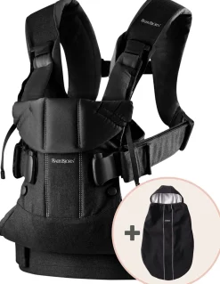 BabyBjörn Baby Carrier One, Cotton Mix + Cover Bundle - Black / Black