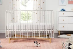 Babyletto Bixby Metal Crib with Toddler Bed Conversion Kit - Warm White / Walnut Stain