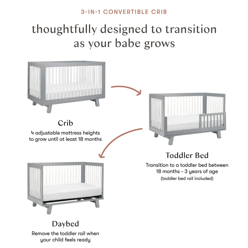 Babyletto Hudson 3-in-1 Convertible Crib with Toddler Bed Conversion Kit - Grey/White