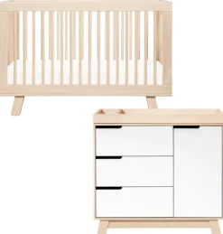 Babyletto Hudson 3-in-1 Convertible Crib + 3-Drawer Changer Dresser Bundle - Washed Natural / Washed Natural / White
