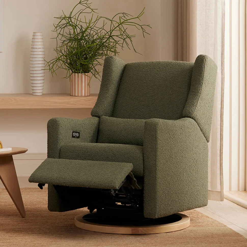 Babyletto Kiwi Electronic Glider Recliner w/ USB - Olive Boucle w/ Light Wood Base
