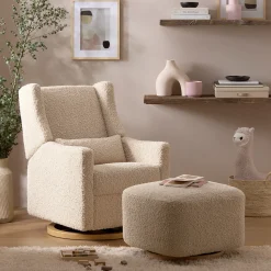 Babyletto Kiwi Gliding Ottoman - Almond Teddy Loop w/ Light Wood Base