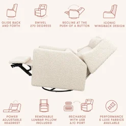 Babyletto Kiwi Plus Electric Recliner Swivel Glider w/ Adjustable Headrest + USB Port - Almond Teddy Loop