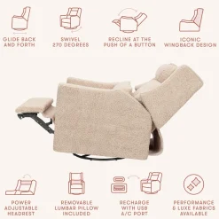 Babyletto Kiwi Plus Electric Recliner Swivel Glider w/ Adjustable Headrest + USB Port - Chai Shearling