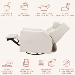 Babyletto Kiwi Plus Electric Recliner Swivel Glider w/ Adjustable Headrest + USB Port - Performance Cream Eco-Weave