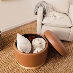 Babyletto Naka Storage Ottoman - Vegan Tan Leather w/ Light Wood Base