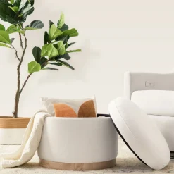 Babyletto Naka Storage Ottoman - Performance Cream Eco-Weave w/ Light Wood Base