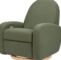 Babyletto Nami Electronic Swivel Glider Recliner w/ USB - Olive Boucle w/ Light Wood Base