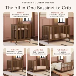 Babyletto Rolli 9-in-1 Convertible All-Stages Crib with Bassinet & Toddler Bed Conversion Kits - Natural Walnut