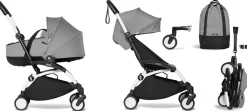Babyzen YOYO2 Ultra Compact Complete 6+ Stroller with Bassinet & Rolling Bag Bundle - White/Grey