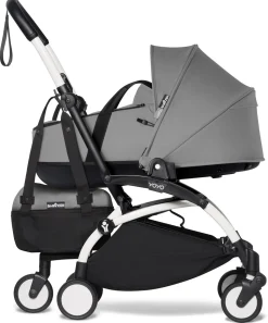 Babyzen YOYO2 Ultra Compact Complete 6+ Stroller with Bassinet & Rolling Bag Bundle - White/Grey
