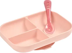 BEABA Silicone Divided Suction Plate And Spoon Set - Rose