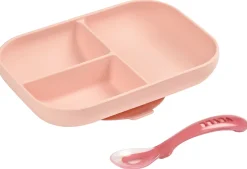 BEABA Silicone Divided Suction Plate And Spoon Set - Rose