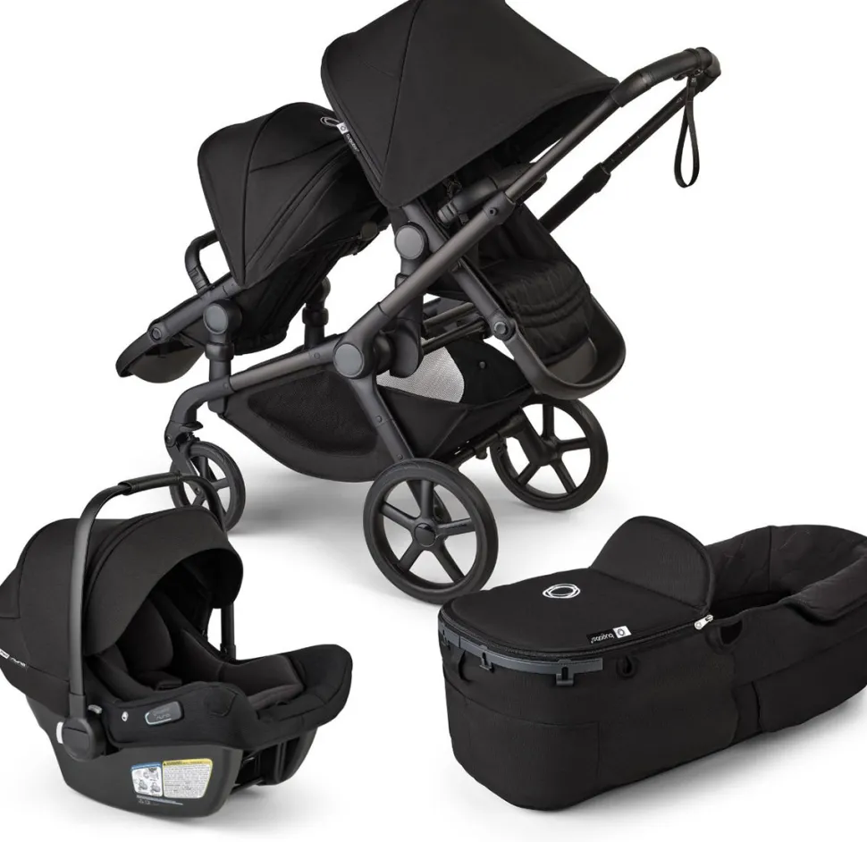 Bugaboo Kangaroo Double Stroller + Turtle Air Shield By Nuna Travel System Bundle - Black / Midnight Black / Midnight Black / Black