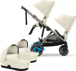 Cybex eGazelle S Electronic Assist Twin Stroller + Cot Bundle - Taupe Frame / Seashell Beige