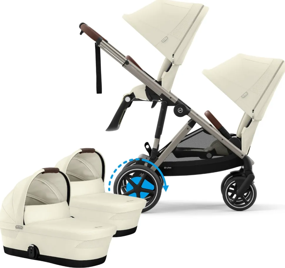 Cybex eGazelle S Electronic Assist Twin Stroller + Cot Bundle - Taupe Frame / Seashell Beige