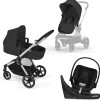 Cybex EOS 5-in-1 Travel System Stroller + Lightweight Aton G Swivel with SensorSafe - Silver / Moon Black