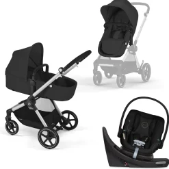 Cybex EOS 5-in-1 Travel System Stroller + Lightweight Aton G Swivel with SensorSafe - Silver / Moon Black