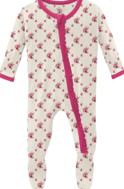 KicKee Pants Muffin Ruffle Footie with Zipper - Natural Rose Trellis, 9-12 Months