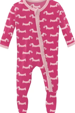KicKee Pants Muffin Ruffle Footie with Zipper - Calypso Pretzel Pup, Newborn