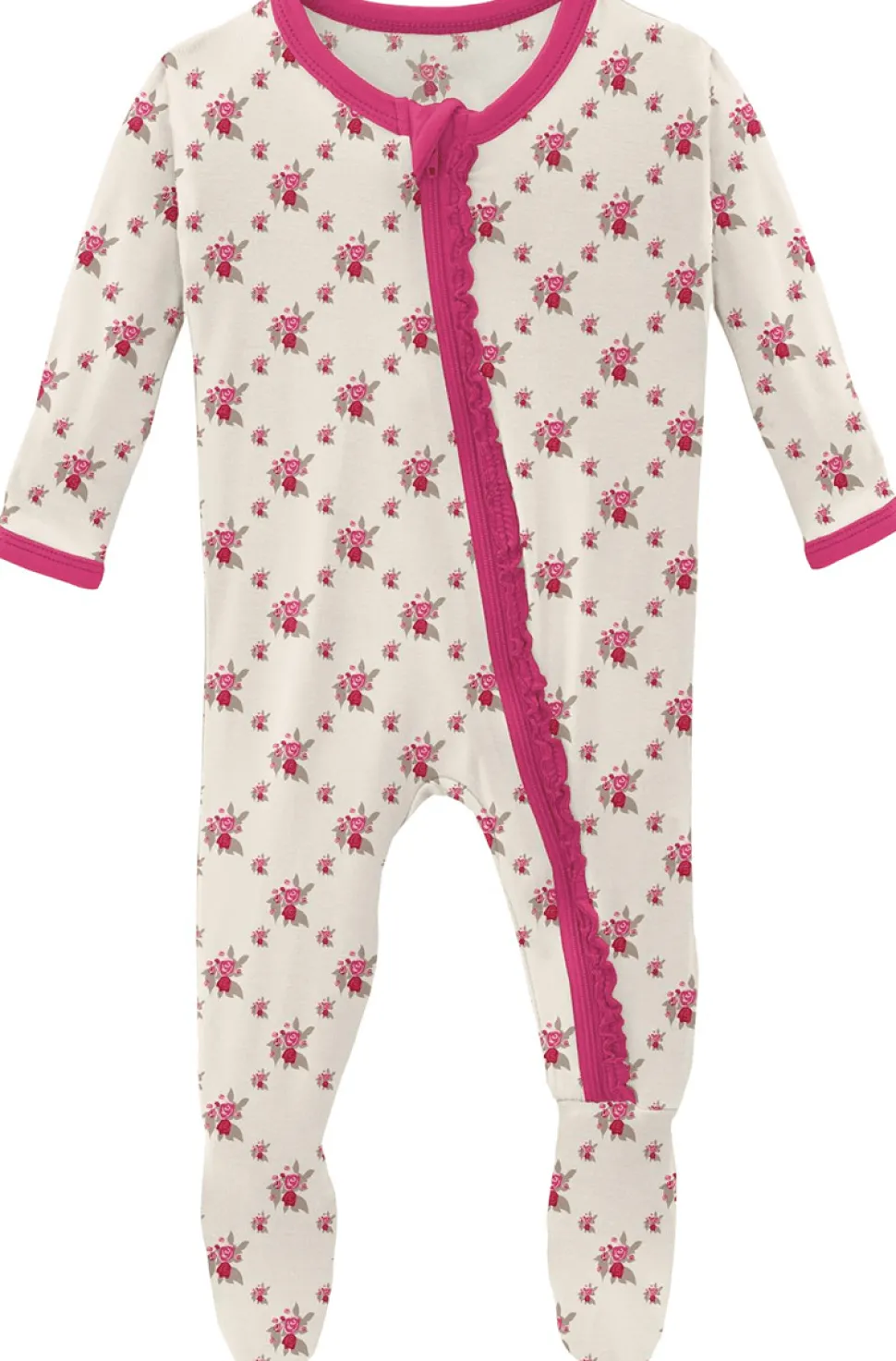 KicKee Pants Muffin Ruffle Footie with Zipper - Natural Rose Trellis, 3-6 Months