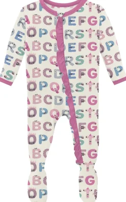 KicKee Pants Print Classic Ruffle Footie with 2 Way Zipper - Natural ABC Monsters, 3-6 Months