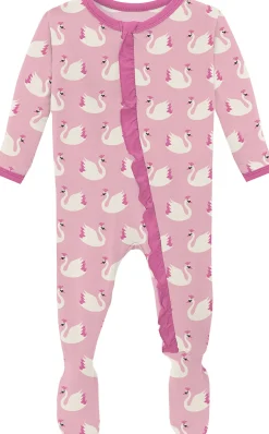 KicKee Pants Print Classic Ruffle Footie with 2 Way Zipper - Cake Pop Swan Princess, Newborn
