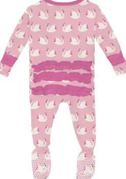 KicKee Pants Print Classic Ruffle Footie with 2 Way Zipper - Cake Pop Swan Princess, Newborn