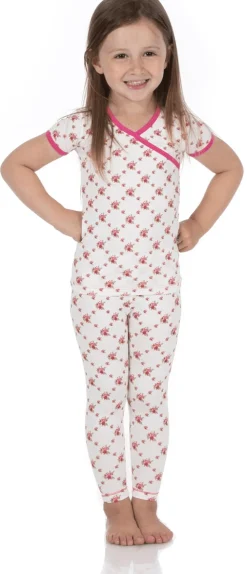 KicKee Pants Short Sleeve Kimono Pajama Set - Natural Rose Trellis, 4T