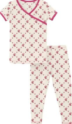 KicKee Pants Short Sleeve Kimono Pajama Set - Natural Rose Trellis, 2T