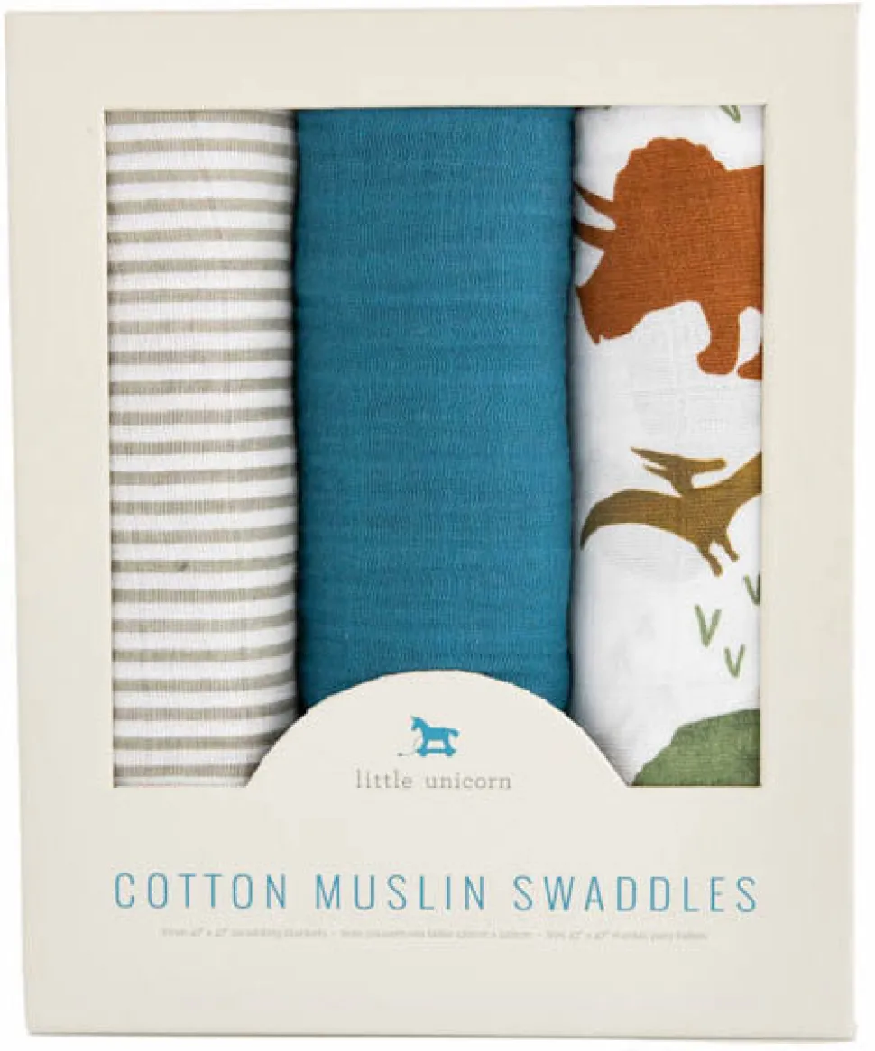 Little Unicorn Cotton Muslin Swaddle 3 Pack - Dino Friends 2 set