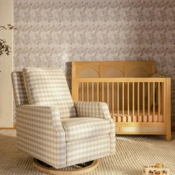 Namesake Crewe Swivel Glider Recliner - Tan Gingham w/Light Wood Base