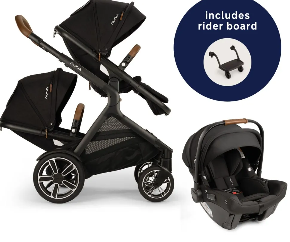 Nuna DEMI Next Double Stroller with Rider Board + PIPA urbn Travel System Bundle - Caviar