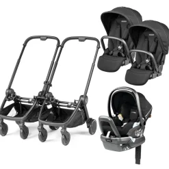 Peg Perego City Loop Double Stroller + Primo Viaggio Lounge Travel System Bundle - Black / True Black / True Black