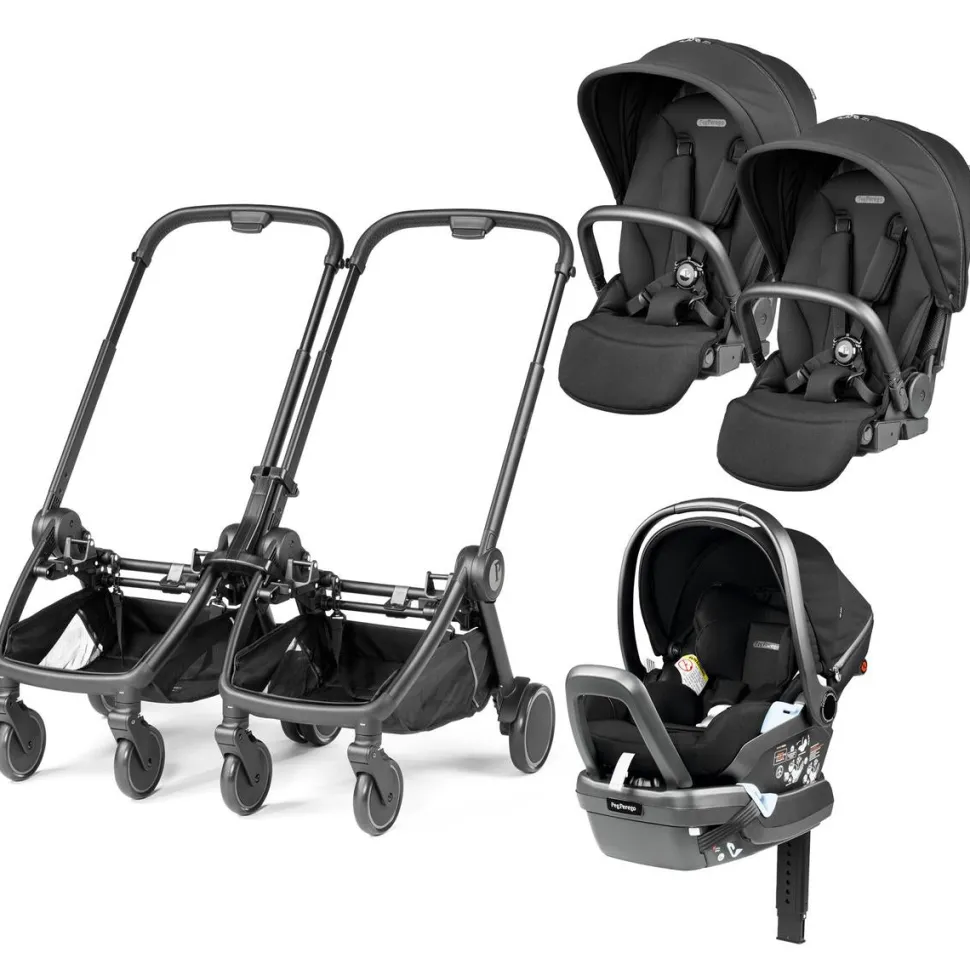 Peg Perego City Loop Double Stroller + Primo Viaggio Lounge Travel System Bundle - Black / True Black / True Black