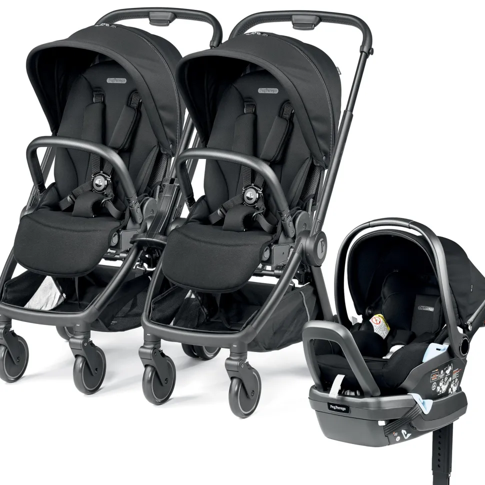 Peg Perego City Loop Double Stroller + Primo Viaggio Lounge Travel System Bundle - Black / True Black / True Black