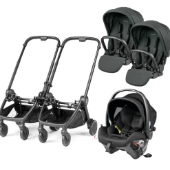 Peg Perego City Loop Double Stroller + Primo Viaggio Urban Mobility Travel System Bundle - Black / Metal / True Black