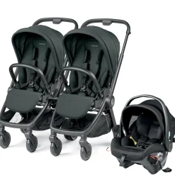 Peg Perego City Loop Double Stroller + Primo Viaggio Urban Mobility Travel System Bundle - Black / Metal / True Black