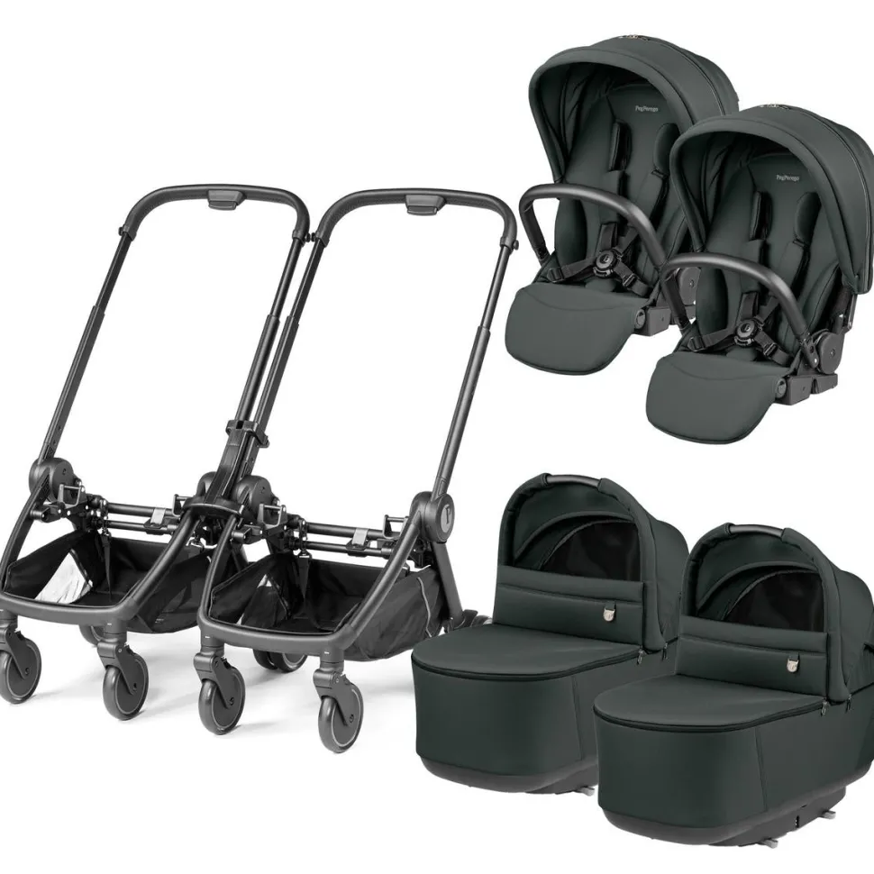 Peg Perego City Loop Twin Stroller + Pop Up Bassinet With Stand Bundle - Black / Metal / Metal