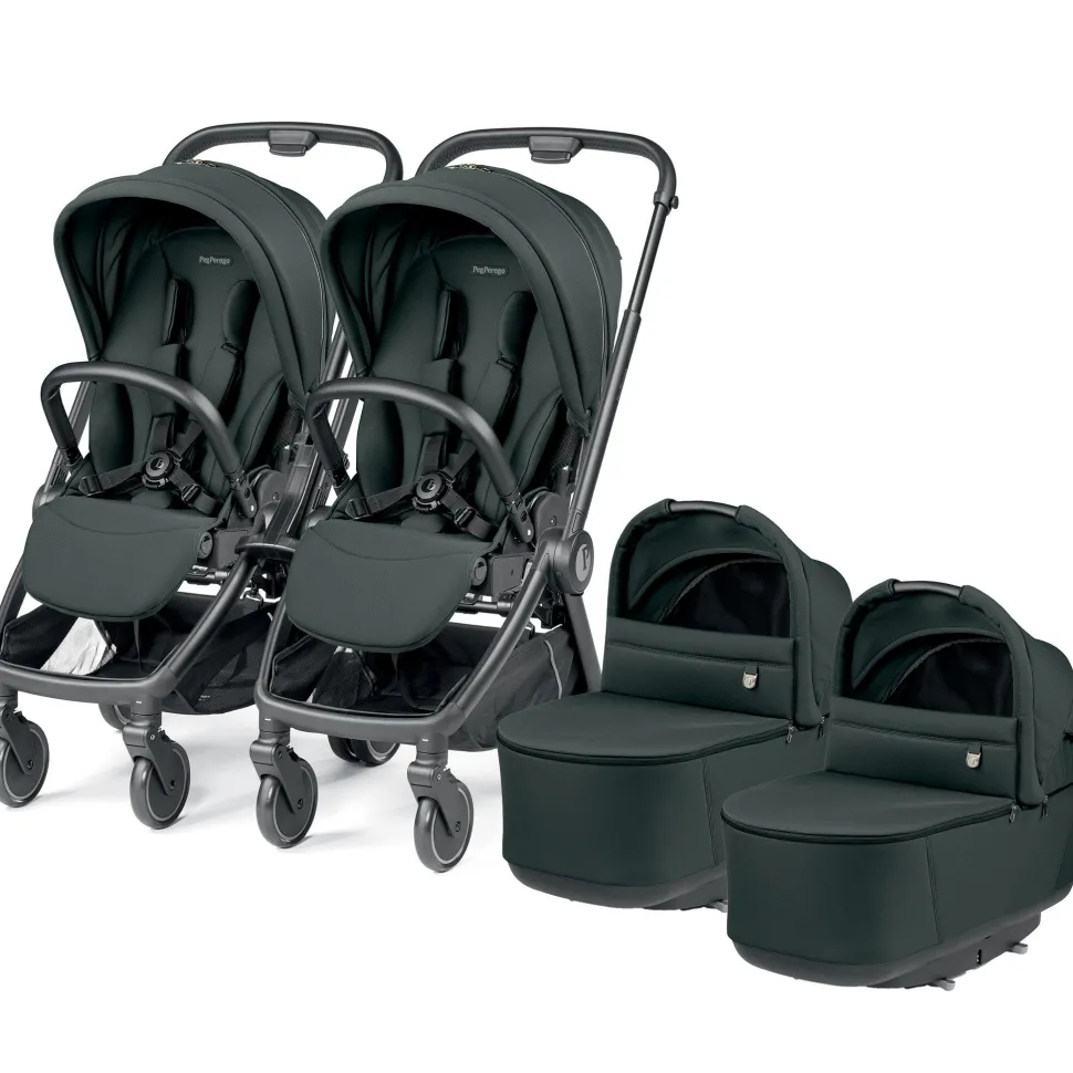 Peg Perego City Loop Twin Stroller + Pop Up Bassinet With Stand Bundle - Black / Metal / Metal
