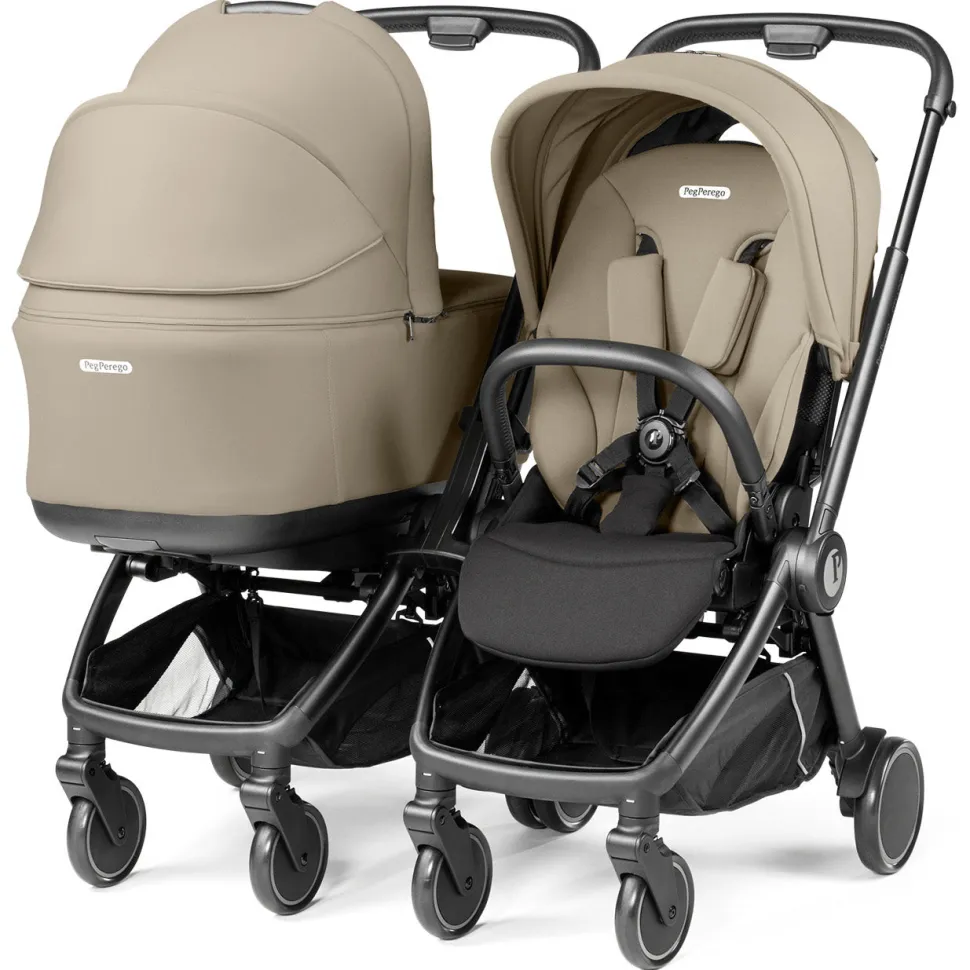 Peg Perego City Loop Twin Stroller + Pop Up Bassinet With Stand Bundle - Black / Metal / Metal
