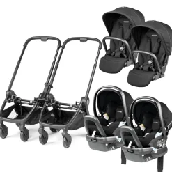 Peg Perego City Loop Twin Stroller + Primo Viaggio Lounge Travel System Bundle - Black / True Black / True Black