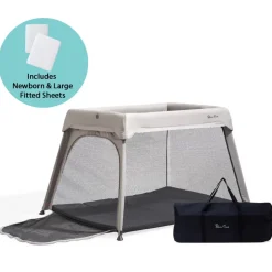 Silver Cross Sleep & Go Travel Crib + Newborn / Large Fitted Sheet Bundle - Stone / White