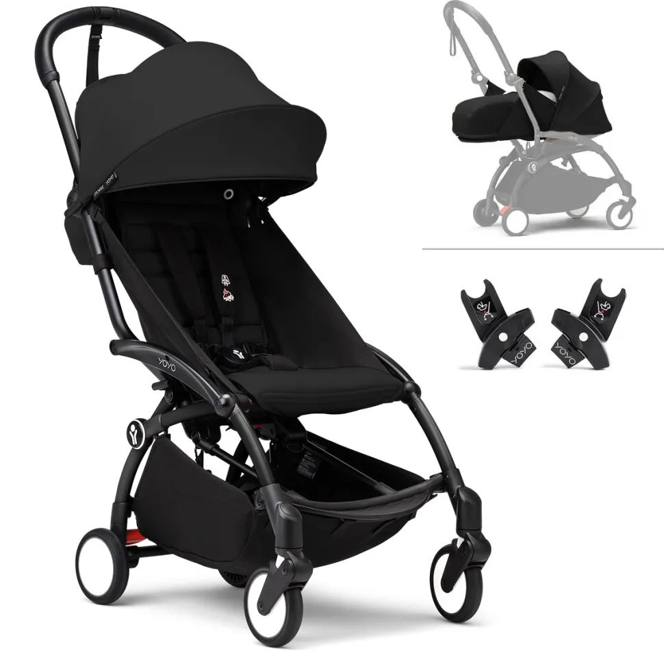 Stokke YOYO3 Ultra Compact Complete 0+/6+ Stroller + Car Seat Adapter (One Box) - Black / Black
