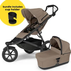 Thule Urban Glide 3 Single Jogging Stroller + Cup Holder + Bassinet Bundle - Tinted Taupe (Brixy Exclusive)